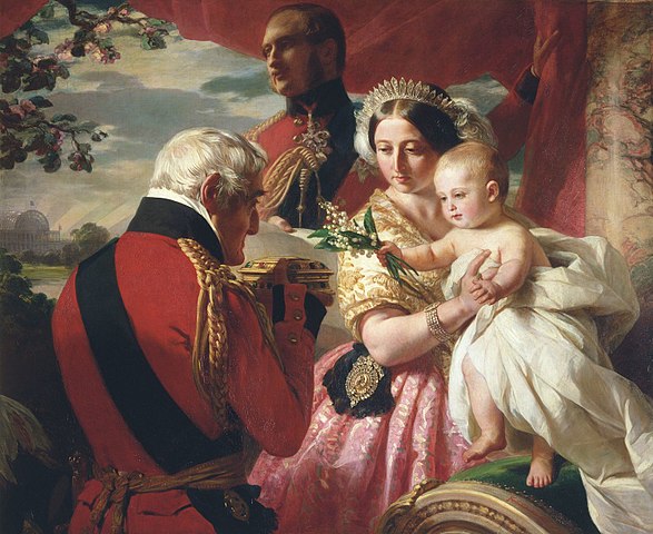 ヴィクトリアとアルバートと三男アーサーに贈り物を捧げるウェリントン公爵を描いたフランツ・ヴィンターハルターの絵画